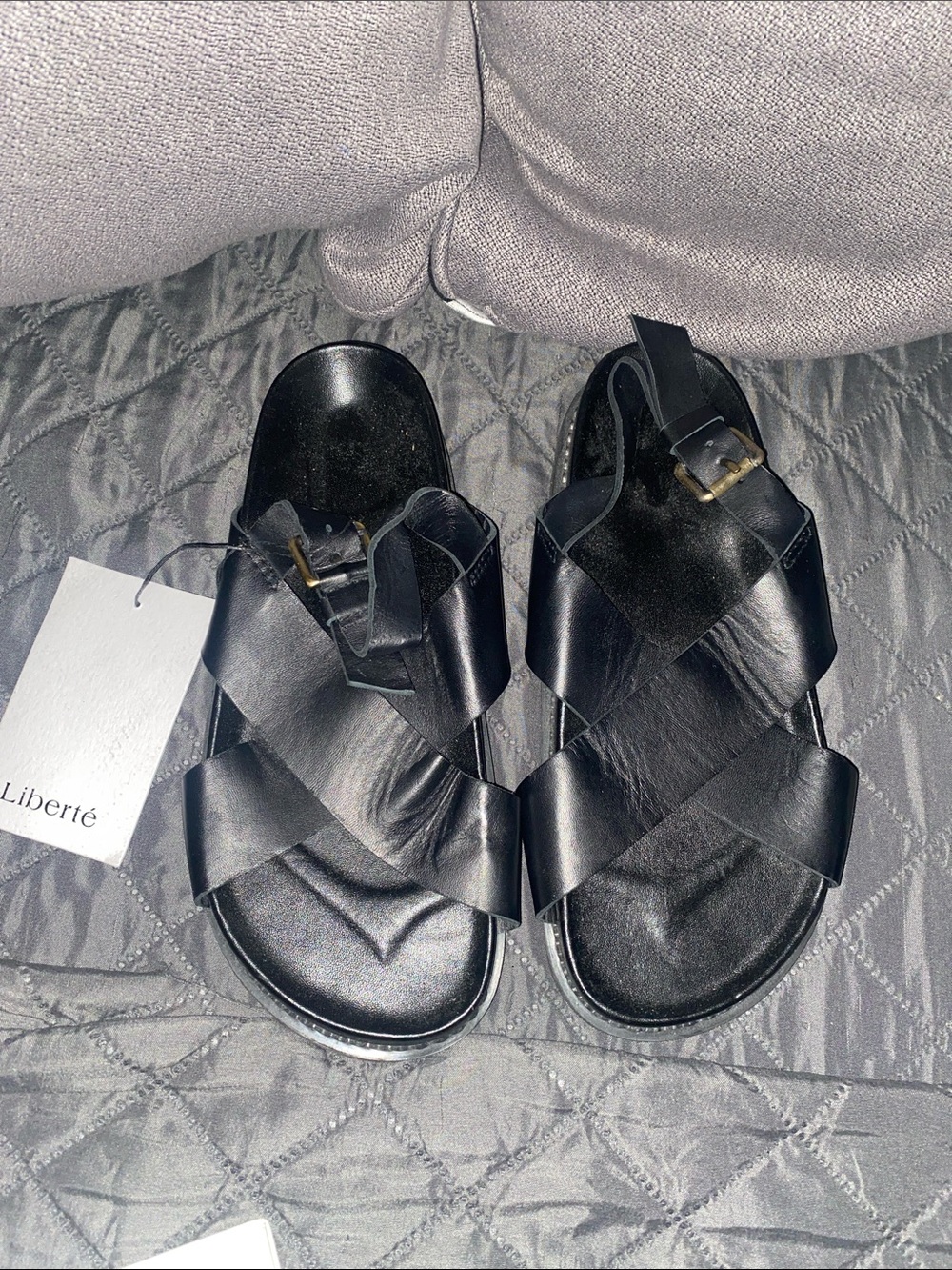 Liberté Black Leather Cross-Strap Slingback Sandals